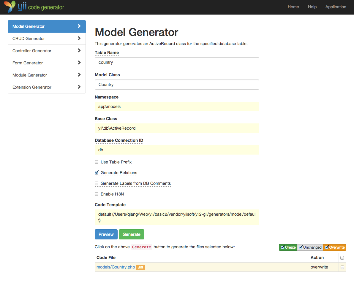 Prévisualisation du générateur de modèle